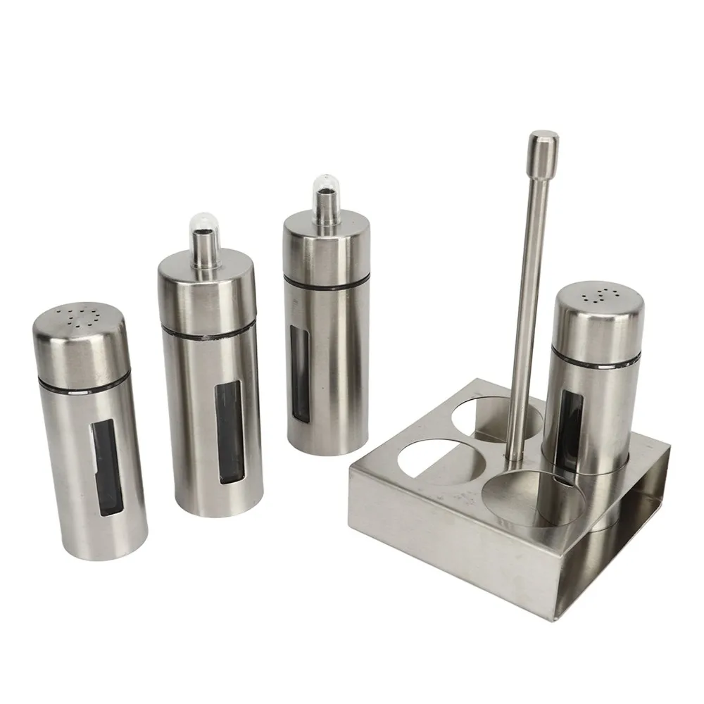 Set of 4 304 Stainless Steel Seasoning Bottle Set with Base Stand Refillable Salt Shakers Removable Large Capacity Spice Jars