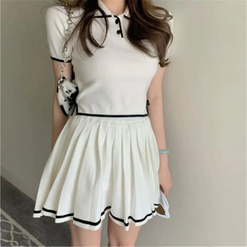 

Preppy Style Fashion 2 Pieces Casual Sets Summer New 2024 Color Contrast Short T Shirt Top+Pleated Mini Skirt 2pc Knit Suits