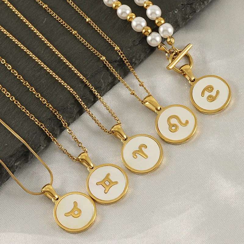 10pcs/Lot Stainless Steel 18K Gold Plated Round White Shell Base Zodiac Pendant Without Chain For Women Jewelry Bulk Sale