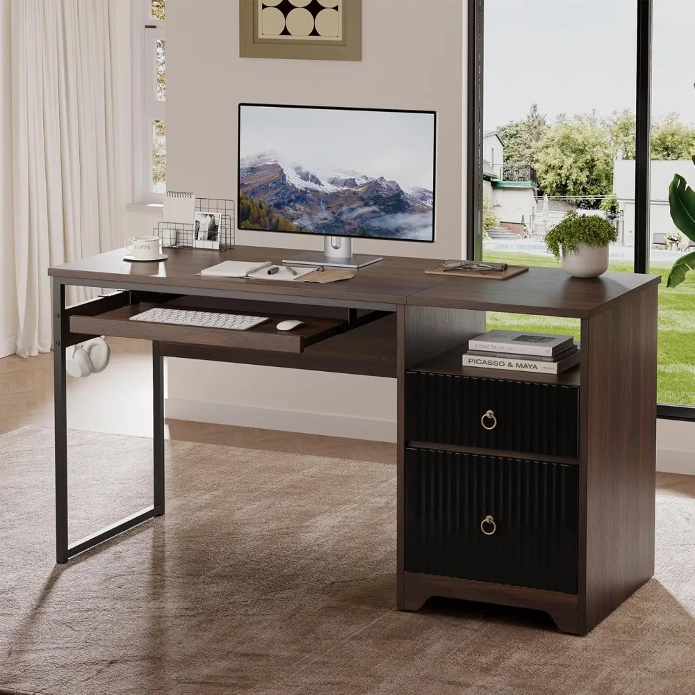 

55 Inch Computer Desk, Modern Office Desk with Storage Space, Wooden Desk with File Drawers, and Keyboard Tray