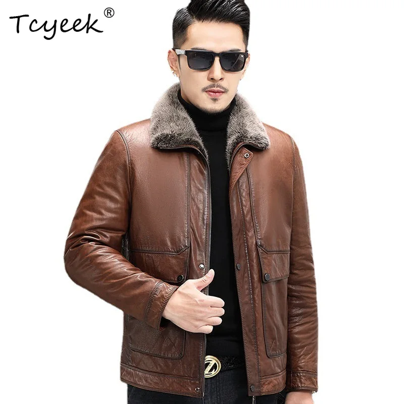 

Tcyeek Top Layer Goatskin Autumn Winter Lapel Whole Mink Tank Men's Genuine Leather Jacket Jaqueta De Couro Masculina 가죽자켓