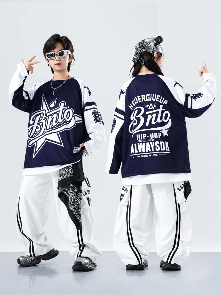 Kind Street Dance Kostüm Hip Hop Mädchen Kostüm Oversize Tops Langarm Weiß Lose Hosen Kinder Jazz Dance Streetwear Sets