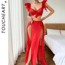 Toucheart Sexy Lingerie Set Mesh Patchwork PU Long Slit Skirt Feather Decoration Micro Perspective Sexy Interesting Underwear