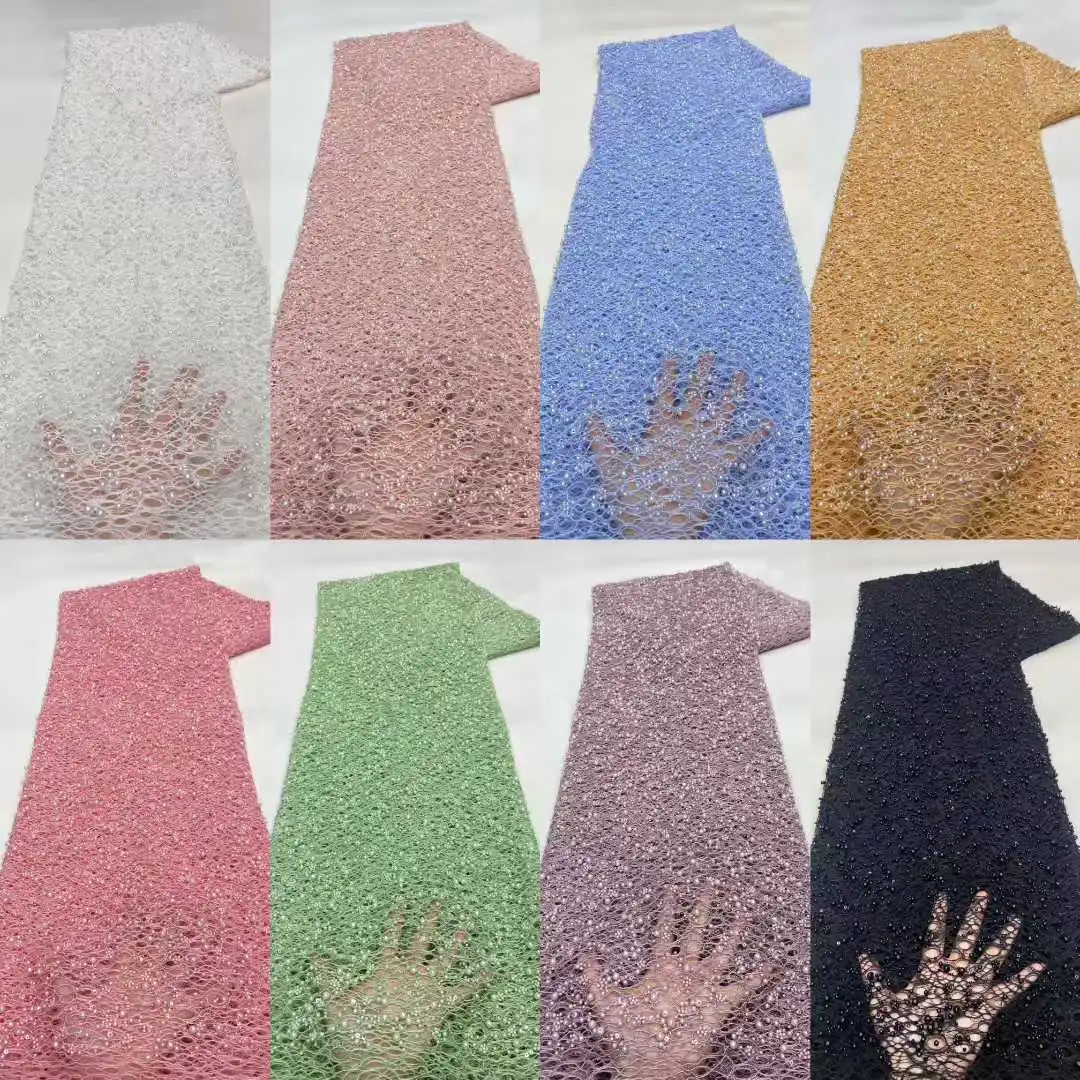 Tessuto di perline Greed Tessuti di pizzo nigeriano di lusso 2025 Tessuti di pizzo di maglia francese con paillettes di perline rosa per abito da cerimonia nuziale TP1367