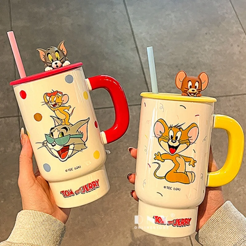 

850ML Tom and Jerry Ceramics Mug Anime Children Fashion Household High-capacity Water Cup Girl Coffee Cup with Lid Milk Cup