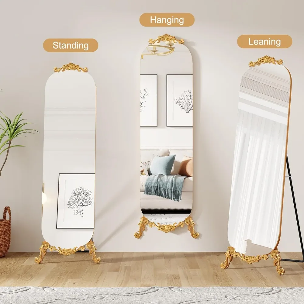 Elegante vintage gotische stijl gebogen vloerspiegel over de volledige lengte met standaard, 61,5 hoog x 20 breed, gouden afwerking, grote wanddecoratie