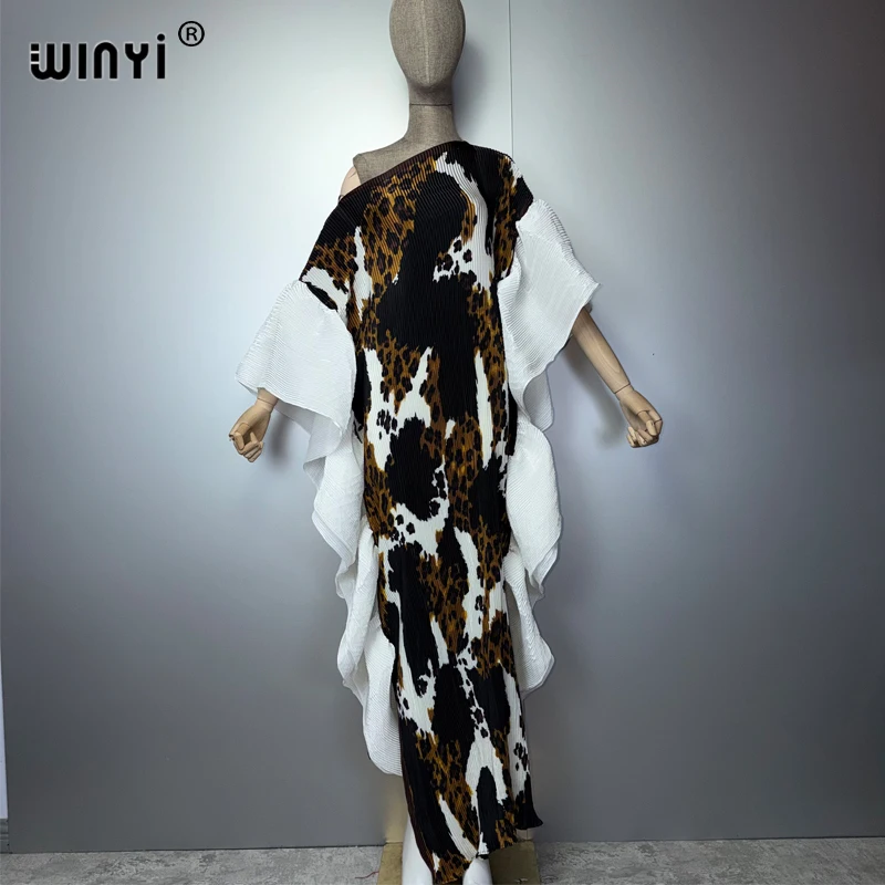 WINYI Pleated Slim Dress Elastic Boho Beach Cover up Holiday Kaftan Abaya Dubai Luxury Party Evening Muslim Woman