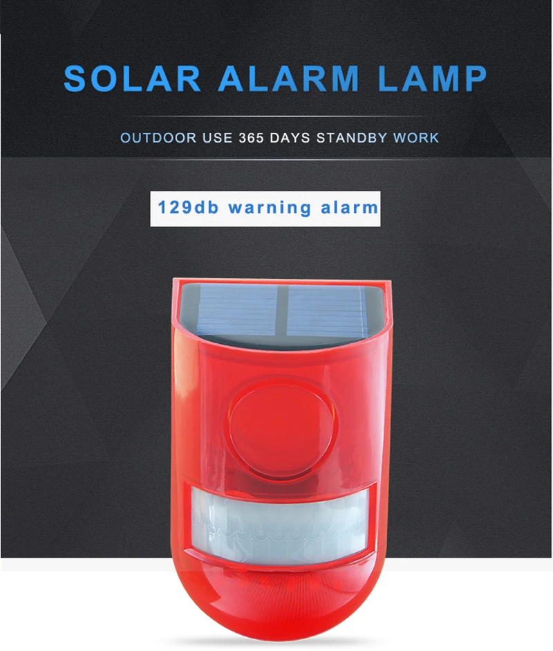 Portable Solar Infrared Motion Sensor Alarm, 110dB Siren, Strobe Sound and Light for Home, Yard, Outdoor Security Alarm System