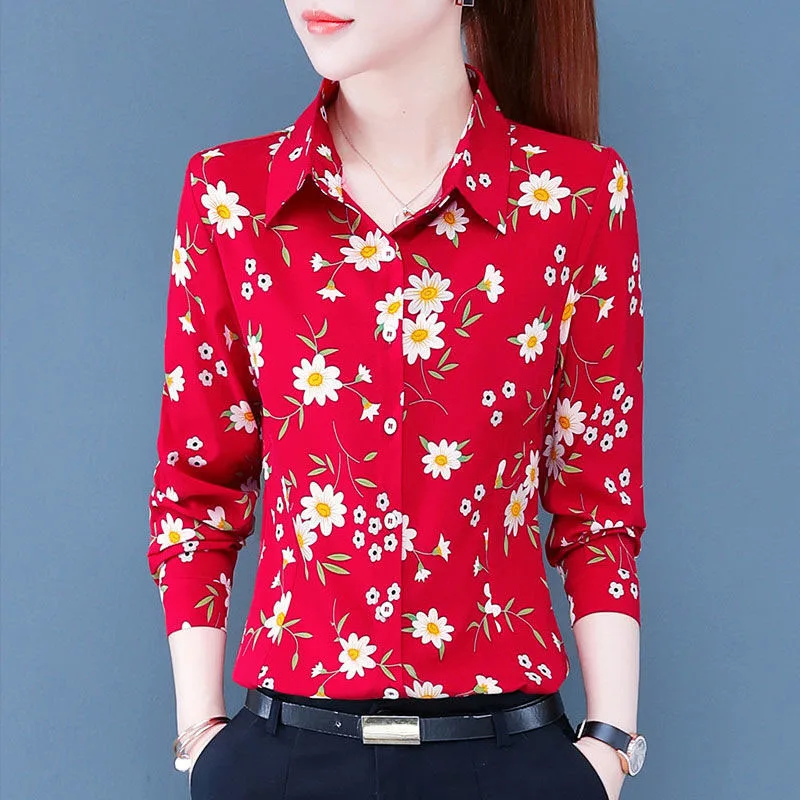 Fashion Printed Lapel All-match Floral Shirt Women's Clothing 2023 Autumn Winter New Oversized Casual Tops Office Lady Blouse