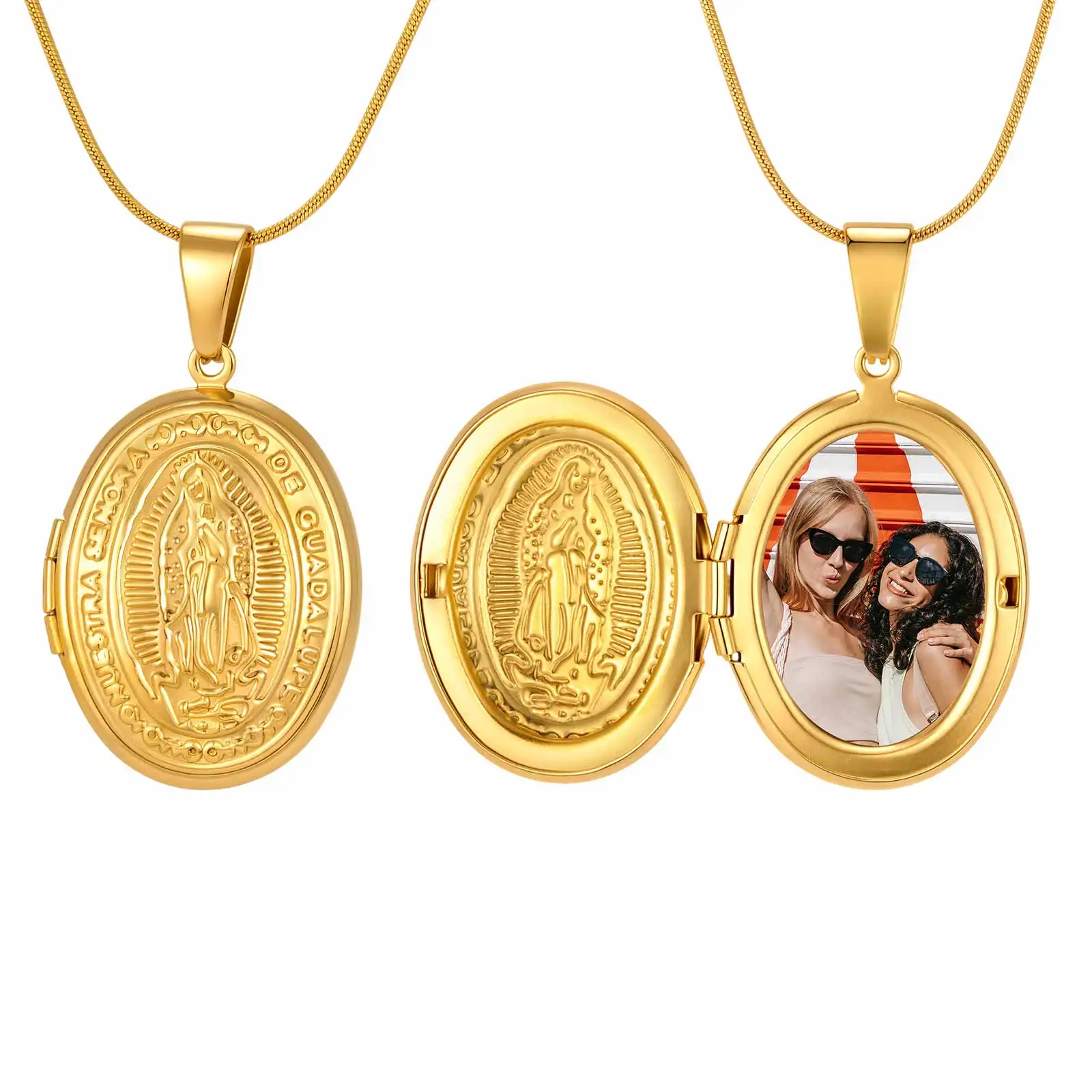 Free Customized Pictures Virgin Mary Oval Locket Pendant Necklace Stainless Steel Openable Photo Frame Necklace for Women