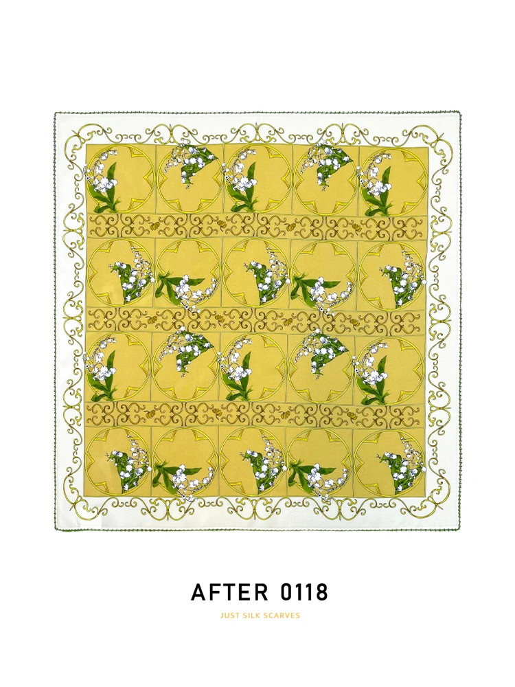 シルクスクエアスカーフ-ベルフラワー柄-特殊エッジ-マルベリーシルク-レディーススタイル-おしゃれ-多用途-大判サイズ-冬から夏まで