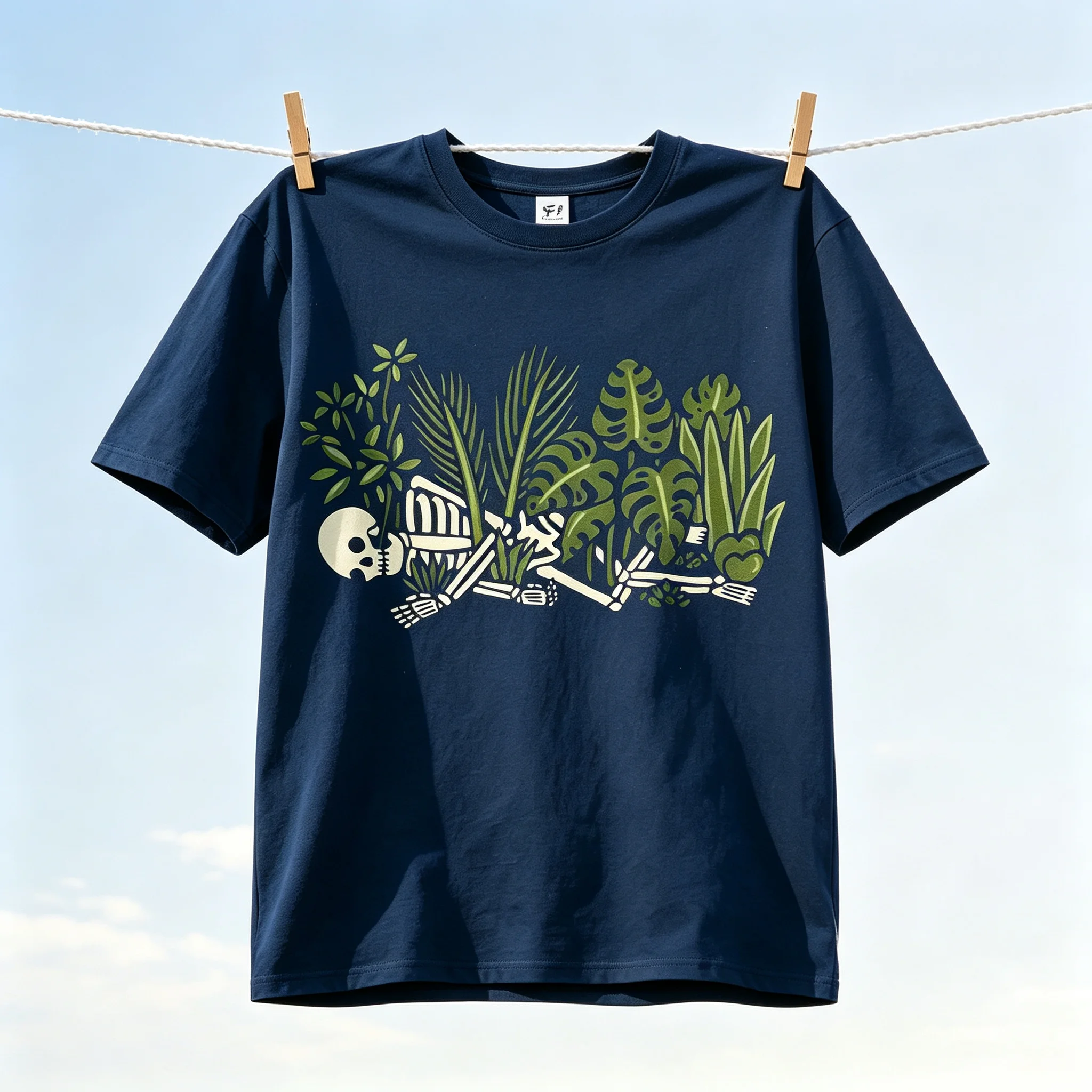 Unisex Skeleton Lying In Tropical Plants Graphic T‑Shirt Women Casual Short Sleeve Tee Botanical Gothic Streetwear Top