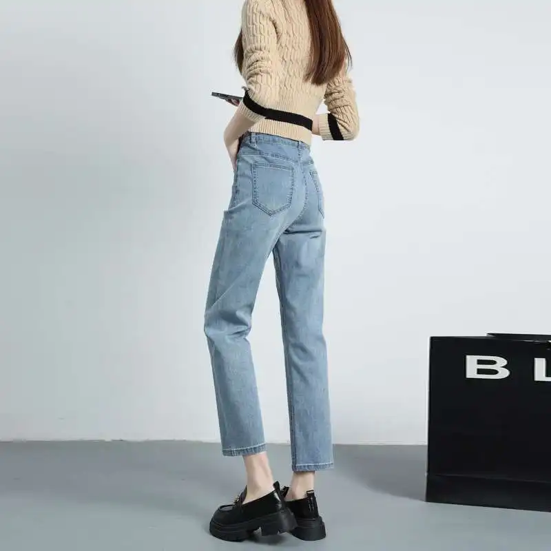 

Джинсы синие прямые с высокой талией, укороченные, с эффектом потертости, из искусственной кожи, для весны и лета