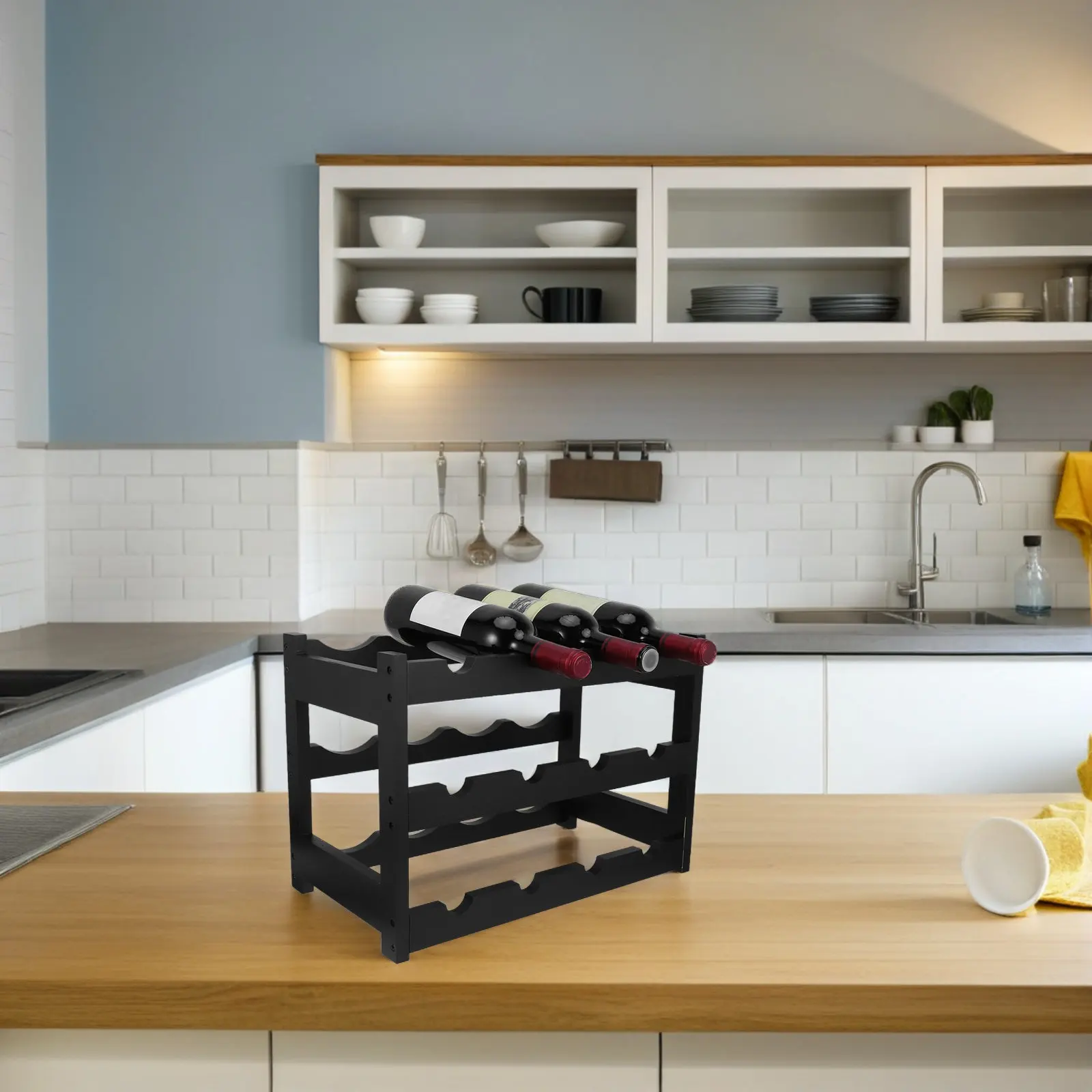 Freestanding Bamboo Wine Rack 3-Tier Space Optimizing Red Wine Storage Shelf Elegant Black Finish for Kitchen Dining Bar Counter