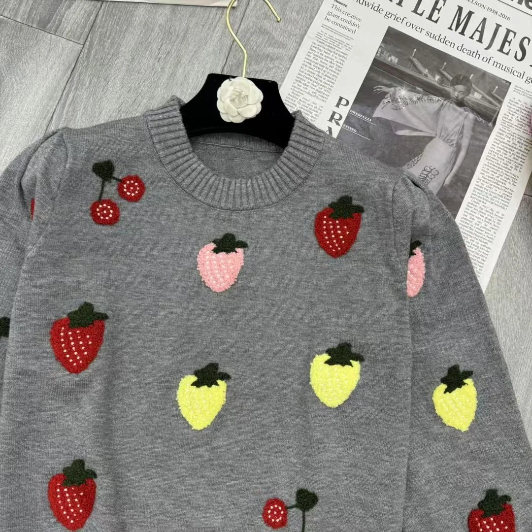 Strawberry Crochet Knitted Cashmere Sweater Pullover Women Long Sleeve Tops Knitwear 2024 Autumn Winter Fashion Chic Jumper N383