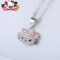 Sanrio Hello Kitty Diamond Set Open Ring Schoolgirl Girlfriend Cute Pendant Clasp Necklace Woman Clavicle Chain Pendant Gifts