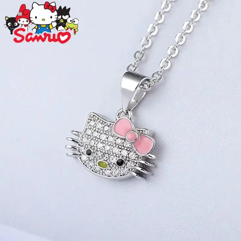 Sanrio Hello Kitty Diamond Set Open Ring Schoolgirl Girlfriend Cute Pendant Clasp Necklace Woman Clavicle Chain Pendant Gifts