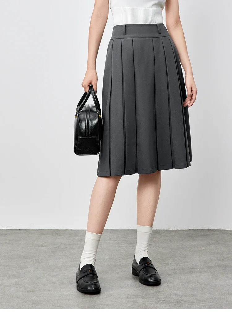 SENTUBILA Preppy Style Pleated Skirts for Womens 2025 Spring Grey New Texture Commute A-line Elegant Mid-length Skirt 151Q58822