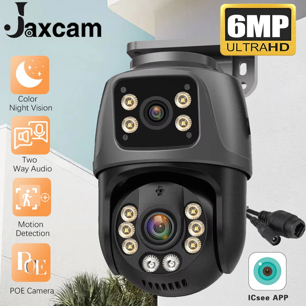 

IP-камера с двумя объективами, 6 МП, PTZ, POE, H.265, уличная домашняя камера видеонаблюдения, камера видеонаблюдения Onvlf, камеры iCSee XMEye