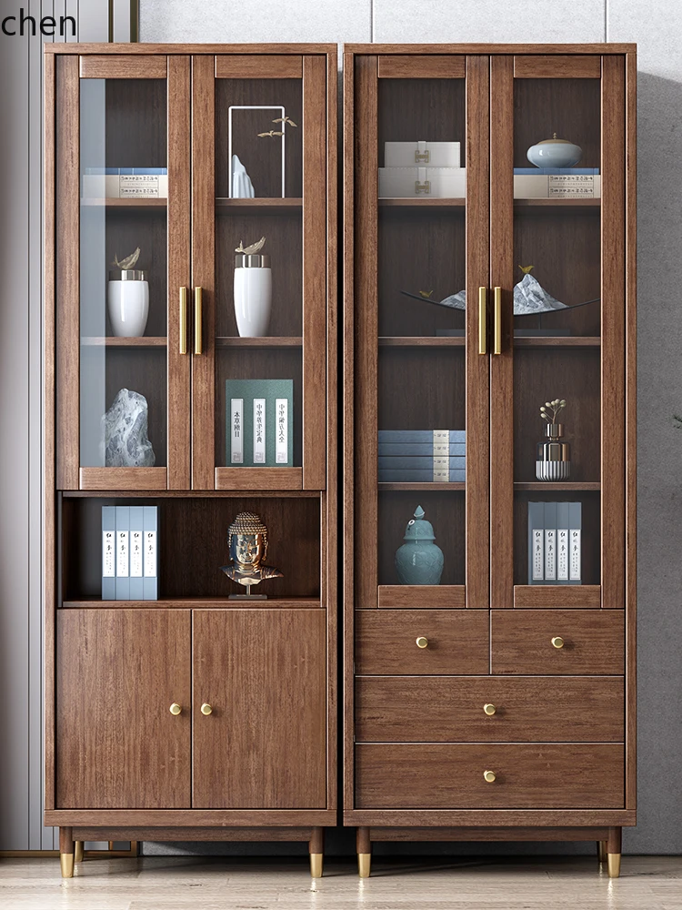

ZML New Chinese Solid Wood Walnut Cabinet Storage Glass Cabinet Furniture Combination Cabinet