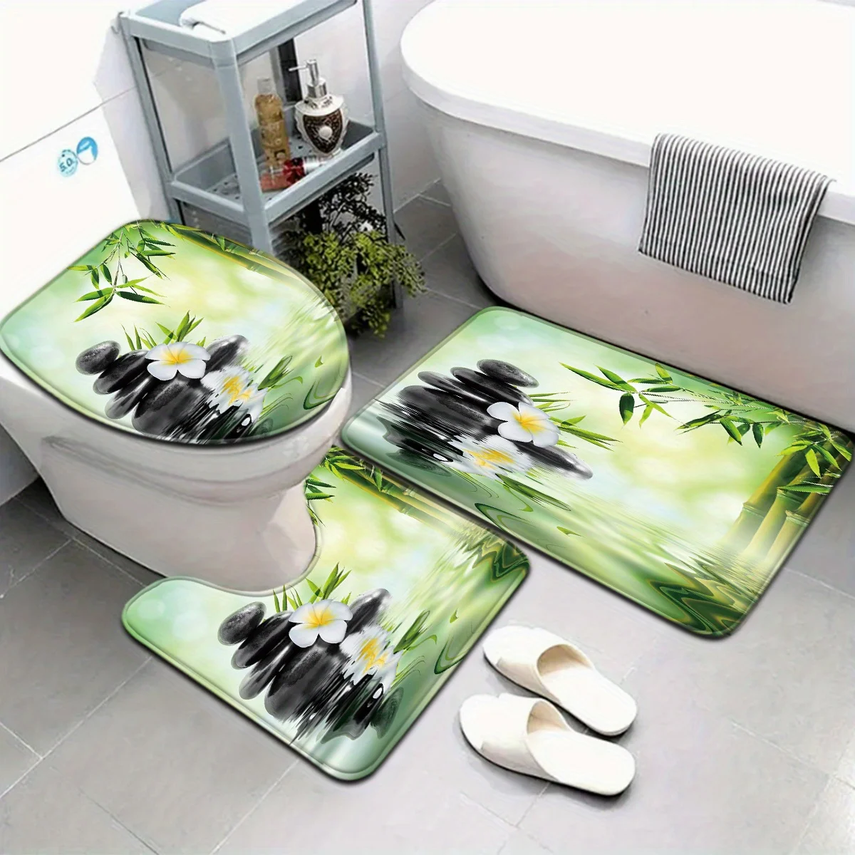 3-Piece Chinese Bamboo Water Feature Toilet Seat and Bath Mat Set - Flannel, Polyester, Fade Resistant, Rectangular