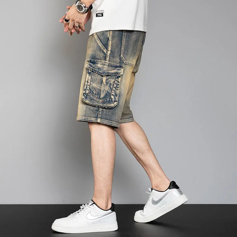 

Vintage Distressed Multi-Pocket Cargo Denim Shorts for Men Mid-Length Loose Fit Plus Size Trendy Casual Wear