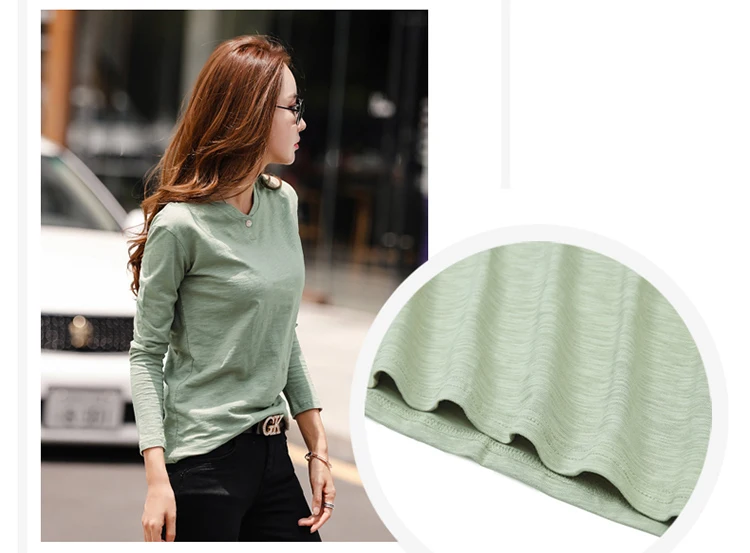 2026 Langarm Frühling Damen Slub-Baumwoll-T-Shirts mit Knöpfen, grüner V-Ausschnitt, einfarbiges T-Shirt, kaffeefarben, koreanische weiche, lockere Oberteile – Detail 6