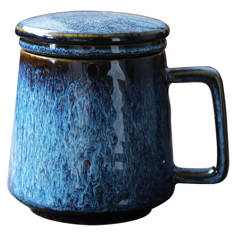 

Handmade retro large ceramic mug with lid blue coffee mug and spoon retro dining mug for drinks and tea