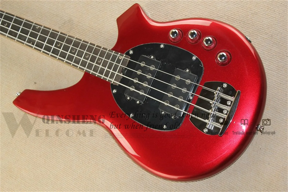 Metal Red bass 4 Strings Bass Guitar  Basswood Body black guard black tuners Active Battery Chrome Bridge