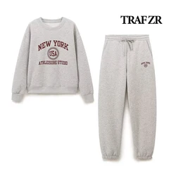 TRAF ZR Preppy Style Winter Outfit for Women Basic Plush Sweatshirt Pant Sets Long Sleeve O-neck Tops Elastic Waistband Joggings