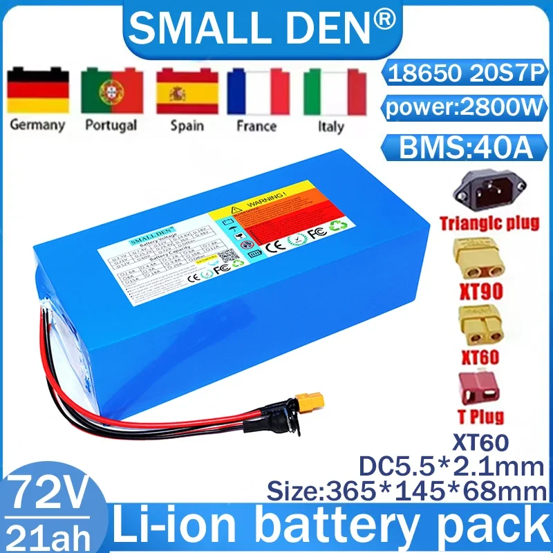 New 18650 20S7P 72V 21Ah lithium battery pack with built-in high-power BMS,suitable for 40A 0-2800W solar rechargeable batteries