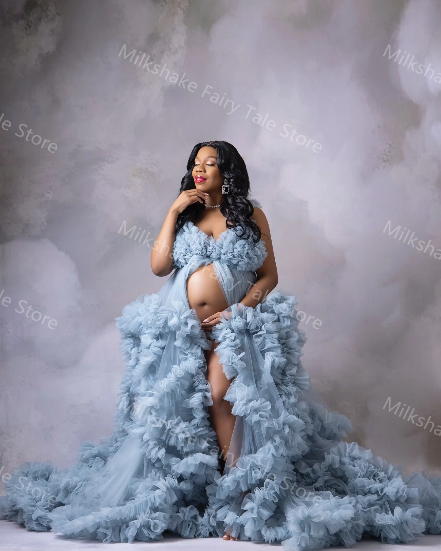 Glamorous Blue Maternity Robes for Photography Tiered Ruffles Pregnant Women Dresses Customized Front Split Baby Shower Gowns