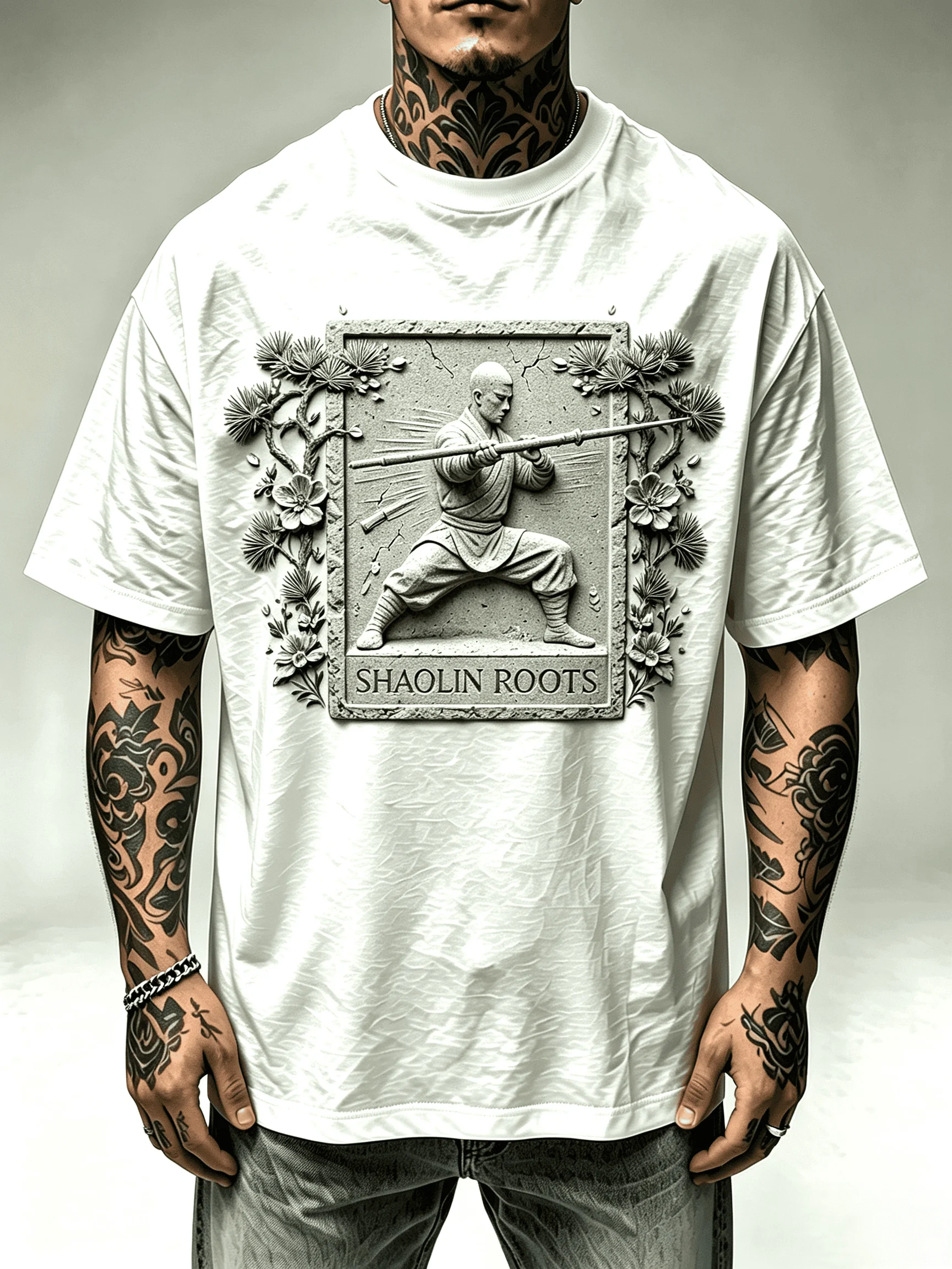3D Stone Relief Shaolin Monk Staff Pine Flower Border SHAOLIN ROOTS Graphic Tshirt Men Women Unisex Vintage Chinese Kung Fu Print Casual Streetwear Cotton Short Sleeve Tee