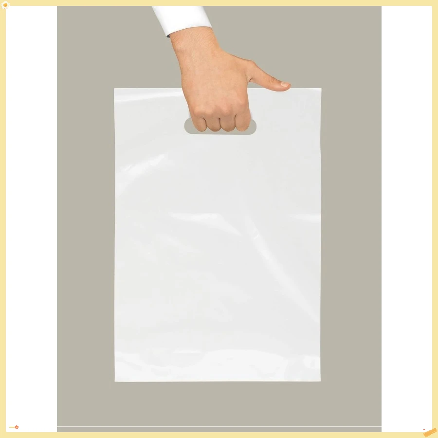 Sacchetto di plastica artigianale con manico fustellato 9" x 12" Sacchetti di merce bianchi Confezione da 100 per vendita al dettaglio, regali e spettacoli