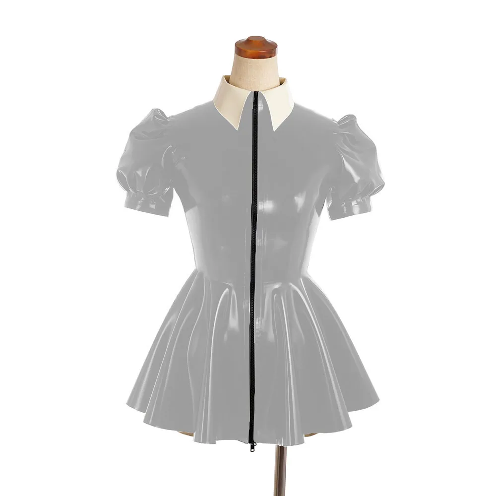 Sexy PVC Leather Slim A-line Dress Shiny Puff Short Sleeved Nightclub Mini Club Dresses Faux Latex Dress Women's Dance Clubwear