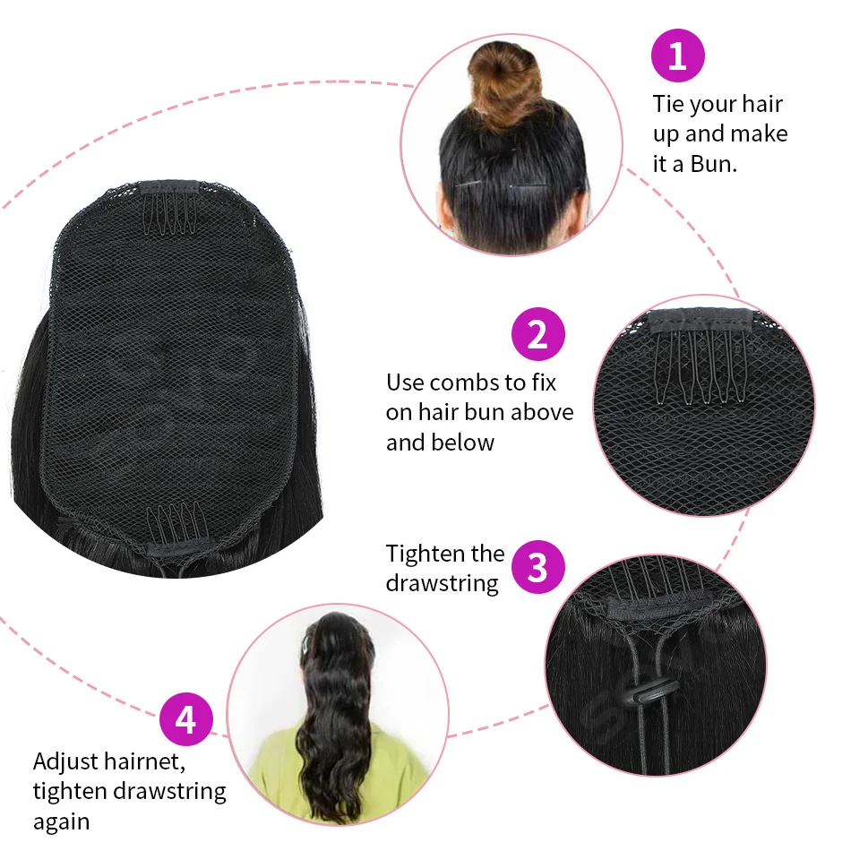 100% Remy Brazilian Straight Human Hair Ponytail Drawstring Natural Black Clip In Wrap Hairpiece for Women view 4
