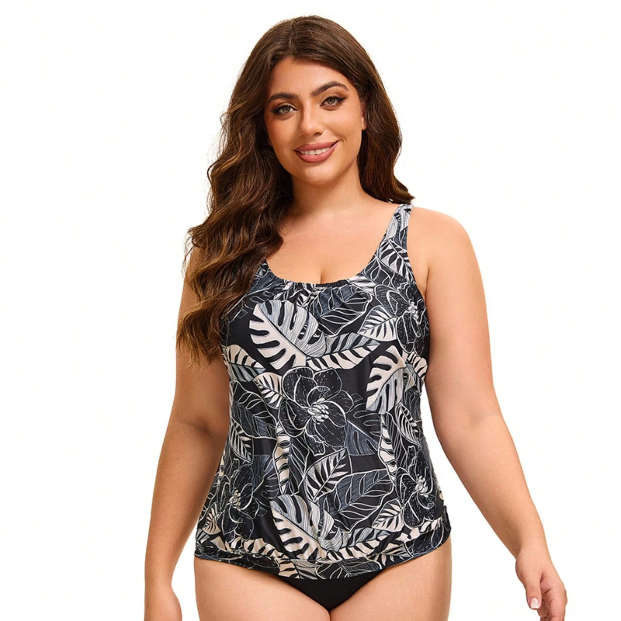 Plus Size Tropical Leaf Print Tankini One Piece Swimsuit Women Sleeveless Tummy Control