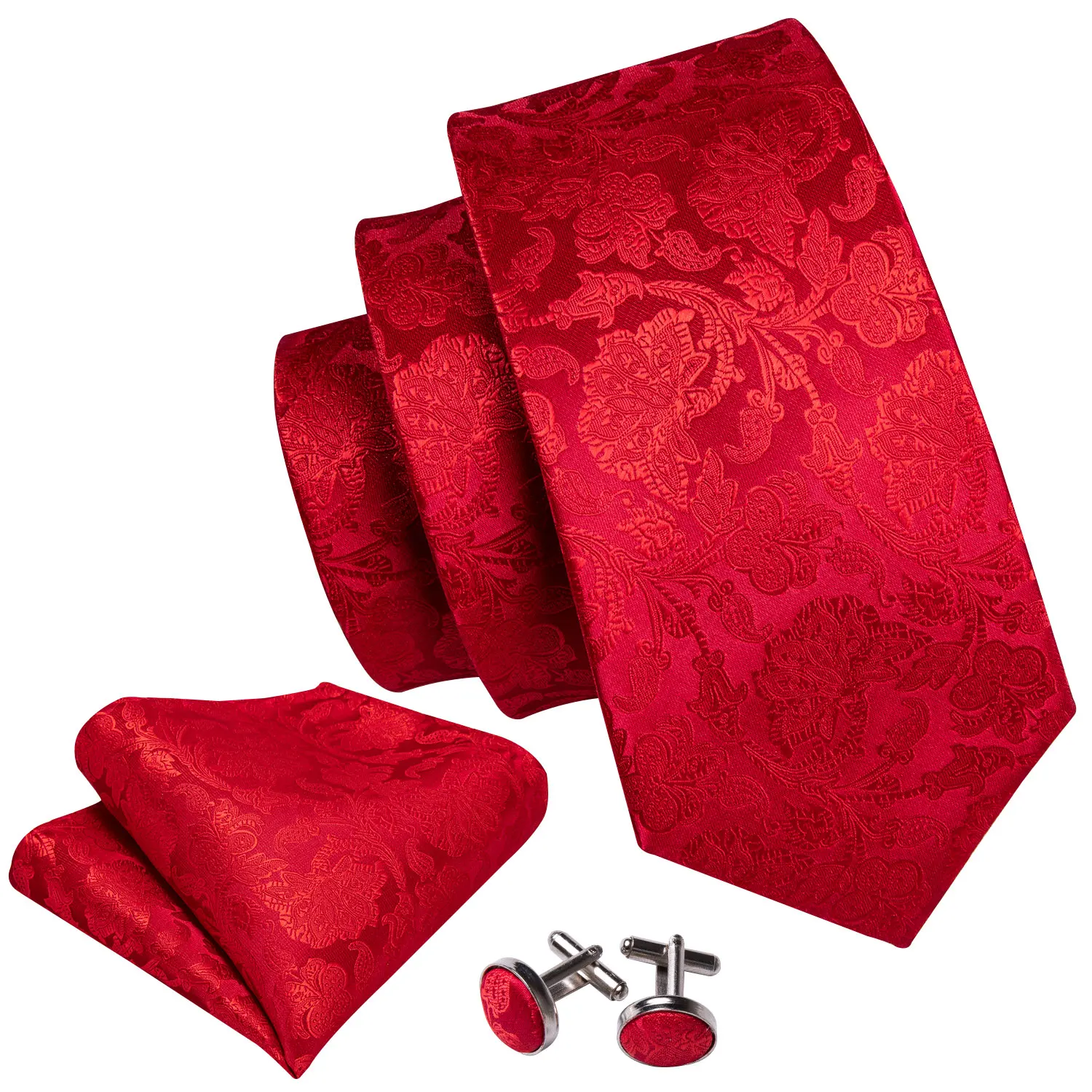 Extra Long Mens Tie Jacquard 160cm Necktie Pocket Square Cufflinks Set Cherry Red Floral for Male Men Wedding Busniess Party
