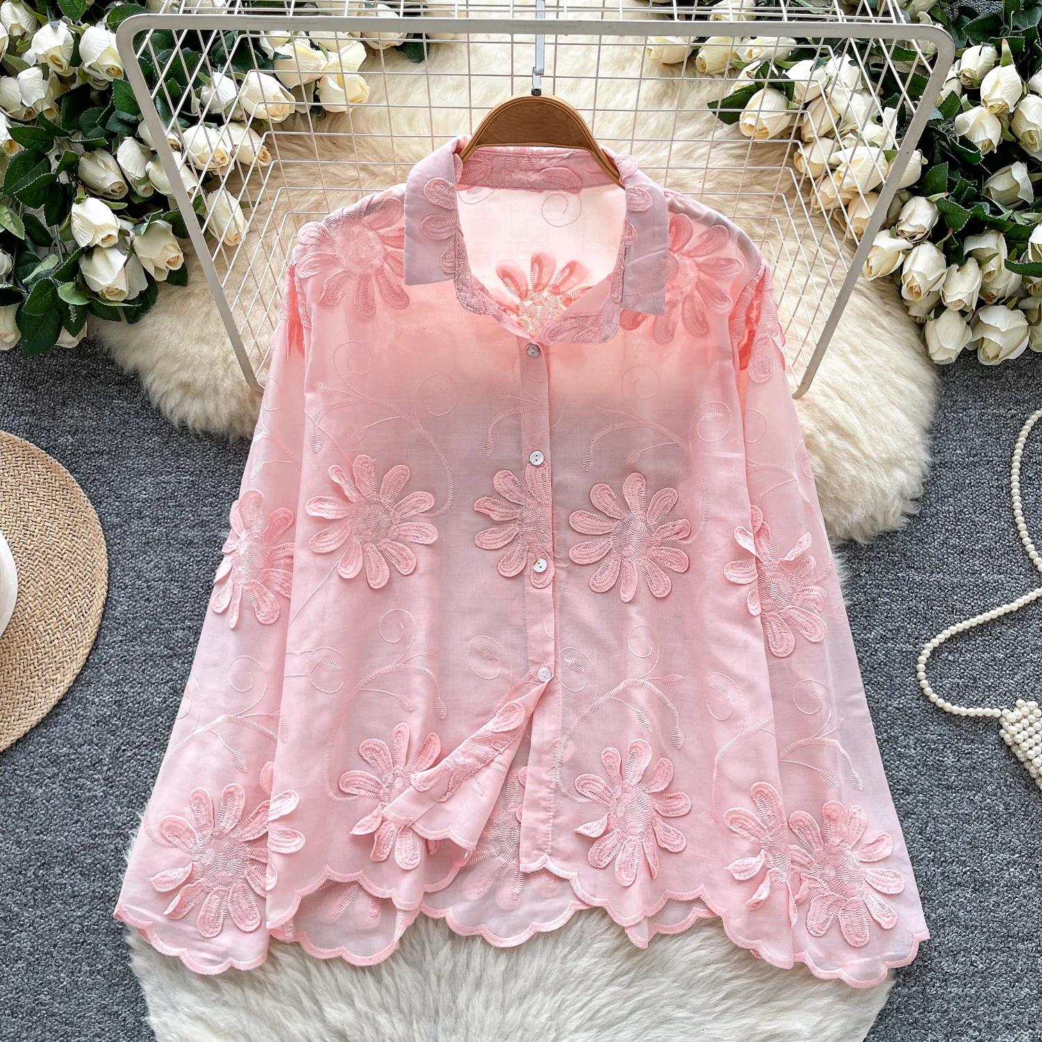 

Clothland Women Vintage Flower Embroidery Blouse Long Sleeve Candy Color Shirt Female Chic Fashion Tops Mujer LB320