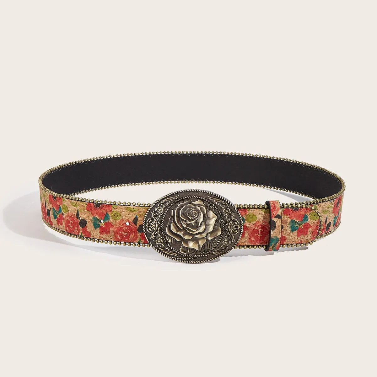 Plus Size Palace Women's Gemstone Engraved Buckle Multi-color Irregular Flower Embroidery Oil Painting Pattern PU Leather Belt
