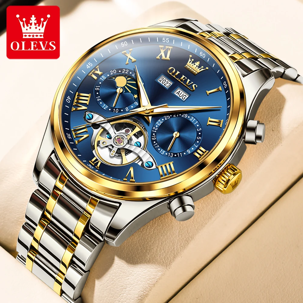 OLEVS Luxury Men\'s Watches Fashion Waterproof Multifunctional Fully Automatic Mechanical Watch Complete Calendar Moon Phase