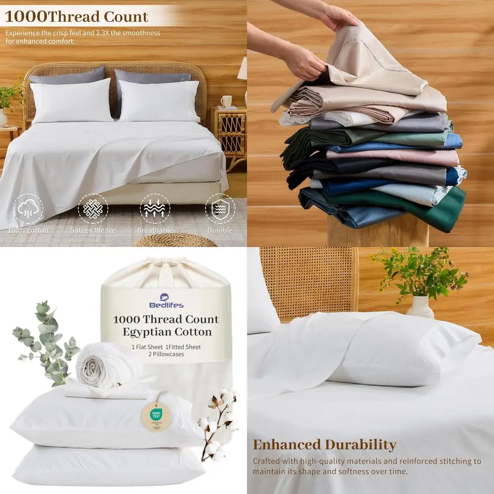 

Queen Size 1000 Thread Count Egyptian Cotton Sheets, 4-Piece Set with 16 Pocket - Cooling, Breathable, Ultra Soft Bedding for Co