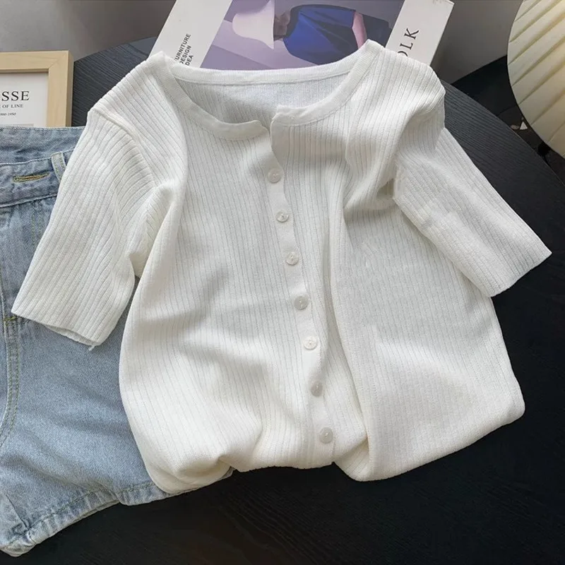 

Knitted Sweater Women Cardigans V-Neck White Sweaters Knit Sweater Cardigan Women Tops New Summer Short Sleeve Knitwears Q3946