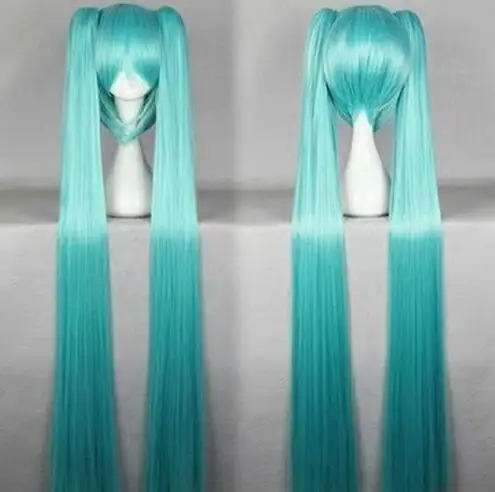 Synthetic Hair Green Long Straight Cosplay Wig Party Wigs with 2 Clip On Double Ponytail