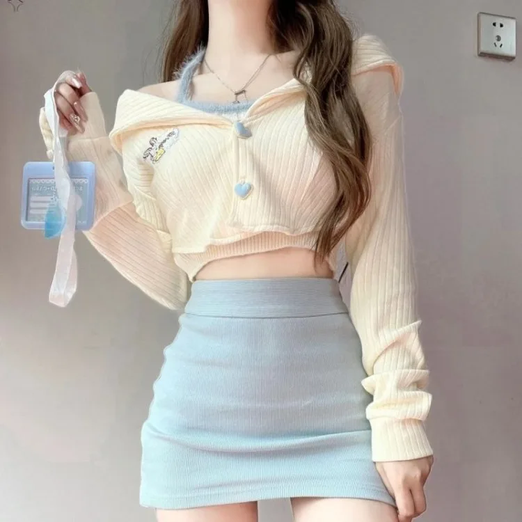 2024 Autumn New Long Sleeve Knitted Tops Women+ Y2k Slim Fit Bottoming Vest for  High Waist Blue Skirts Three Piece Sets