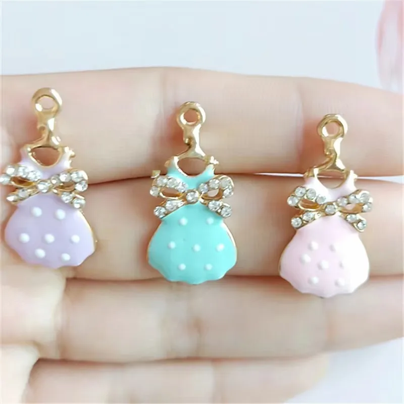 10pcs 26x12mm Cute Exquisite Enamel Crystal Dresses Charm Polychrome Alloy Accessories Pendants Diy Children's Jewelry Wholesale