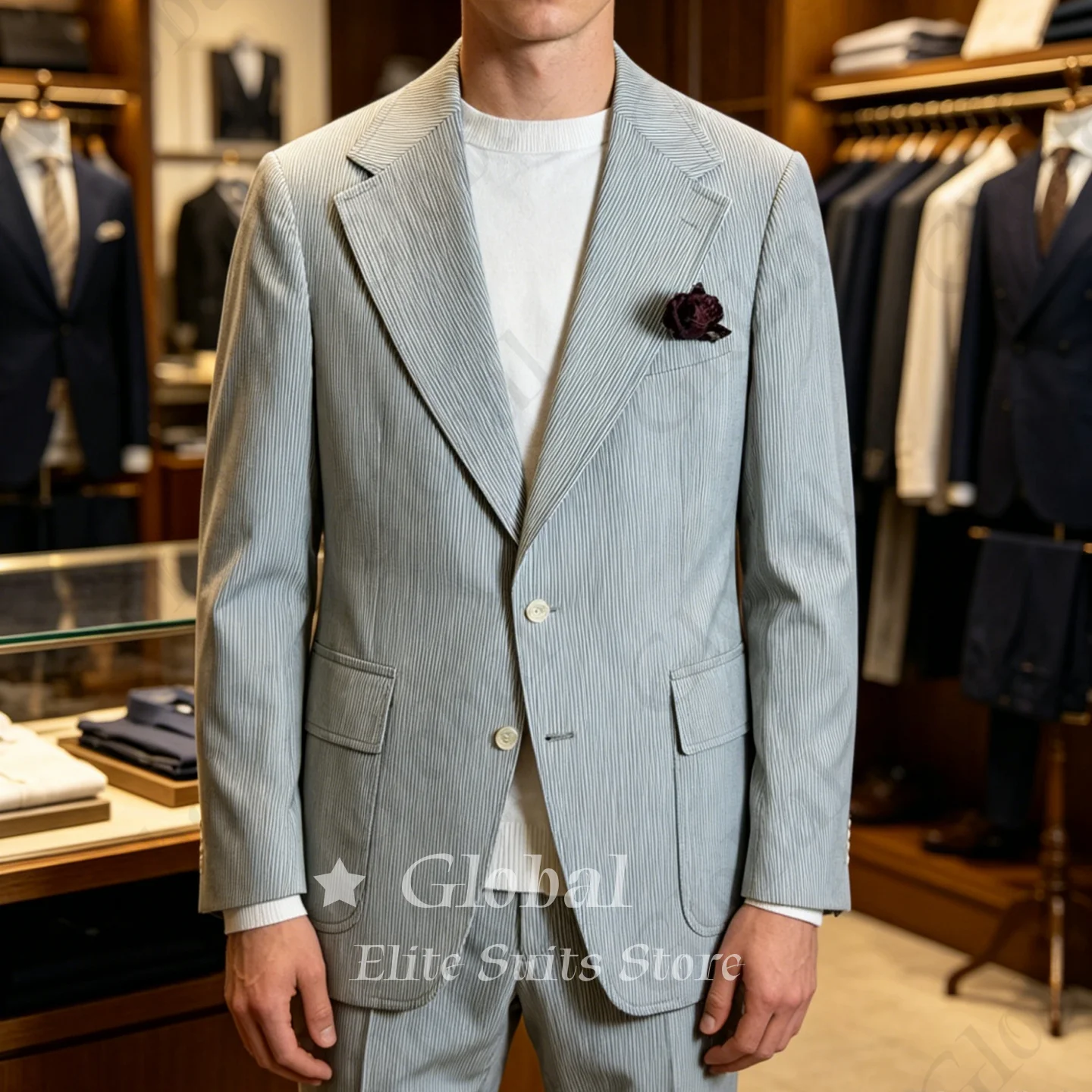 Global Elite Men Light Blue Suit 2 Piece Slim Fit Striped Blazer With Pants High Quality Beach Wedding Party Business Customized