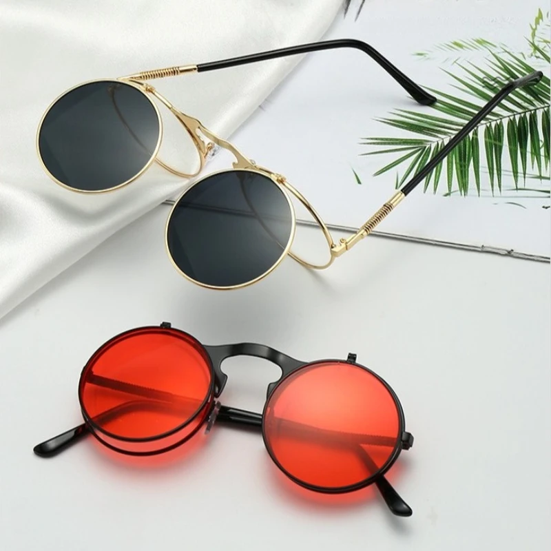 

New Vintage Metal Punk Steampunk Flip-up Round Sunglasses with Metal Frame Hip-Hop Trendy Style Sun Glasses