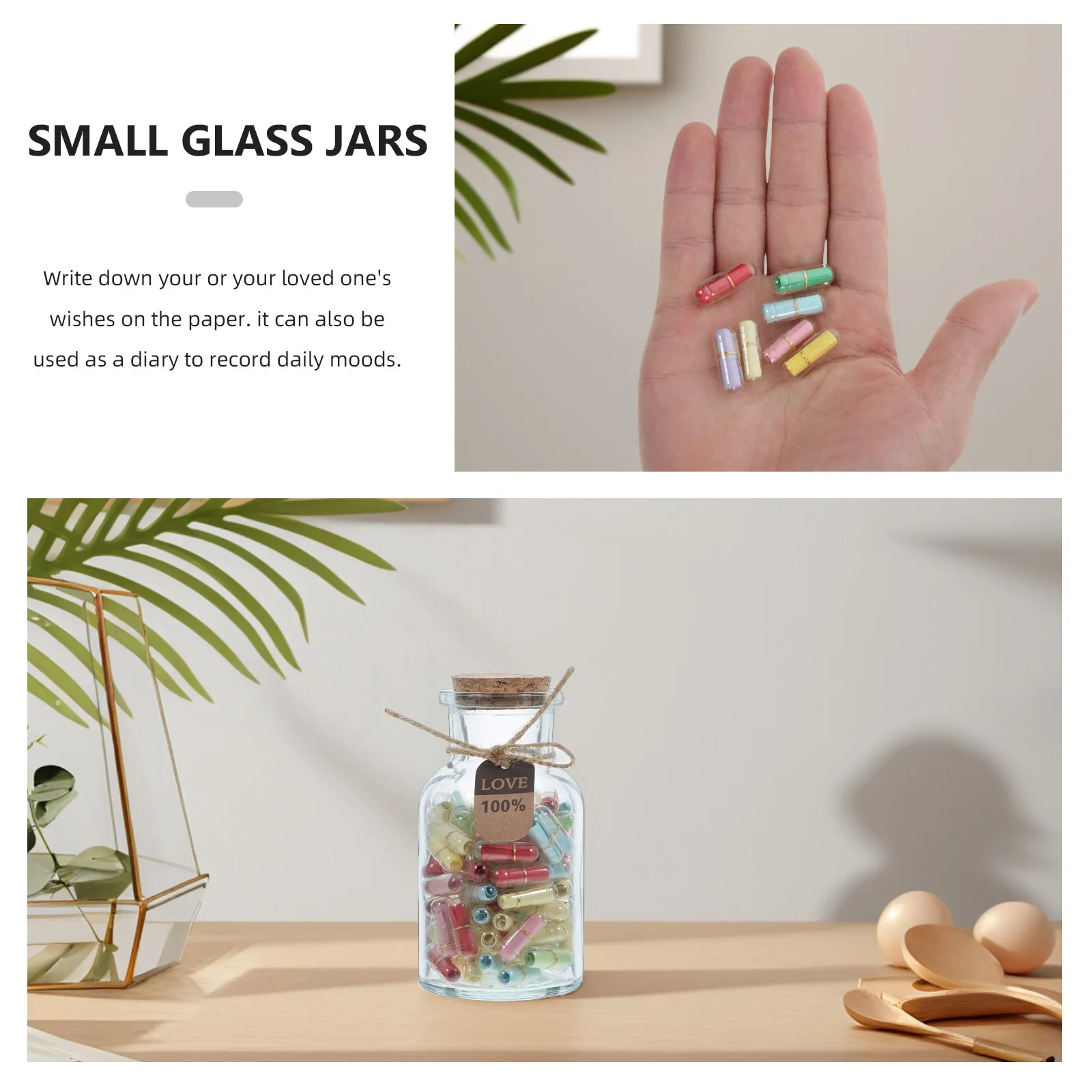 1Set Empty Small Heart Glass Jars with Cork Lid Message in A Bottle for Love Notes Wishes Diary Secrets Origami Candy Storage