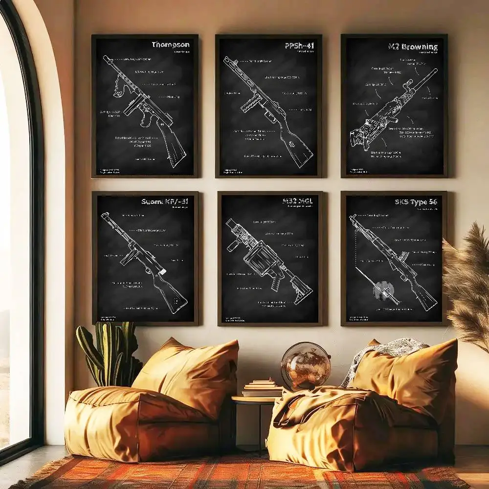 Weapons Blueprint Poster Self-adhesive Art Room Entrance Restaurant Wall Decor Art Painting